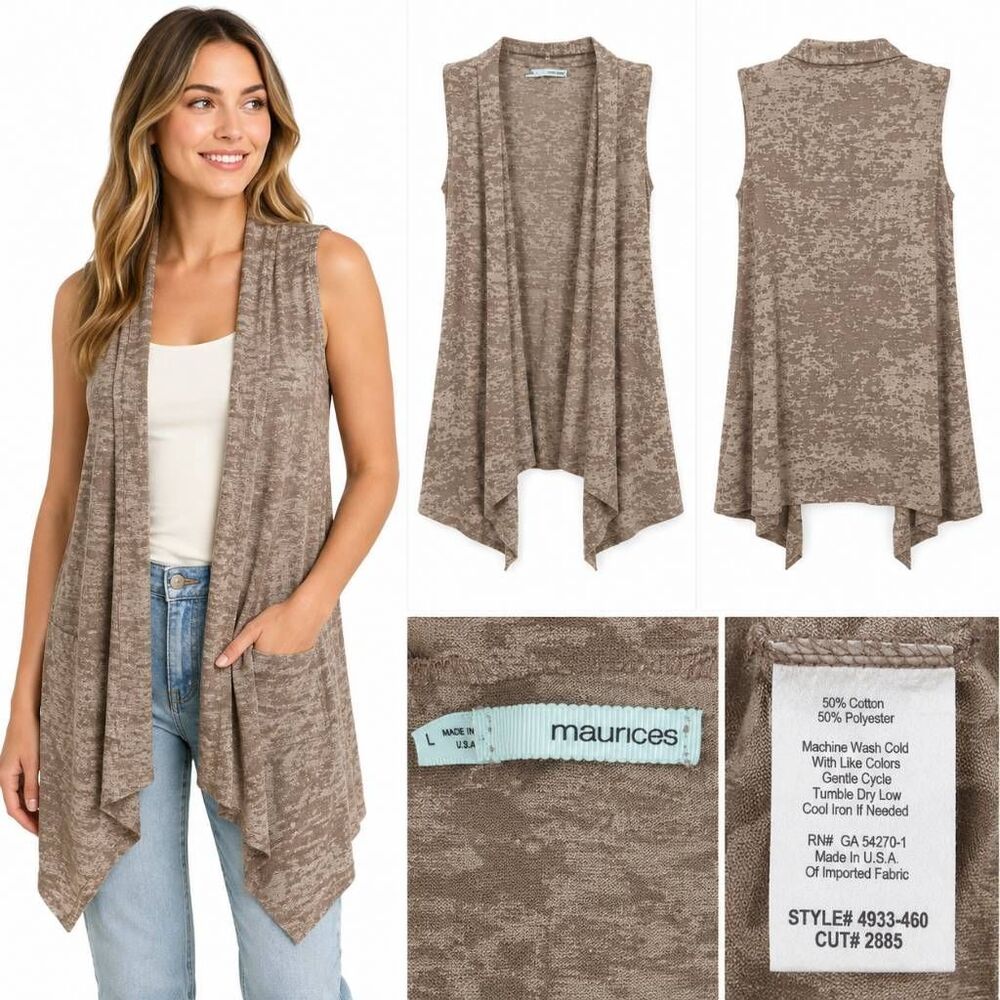 Maurices Taupe Patterned Open Front Vest Size L